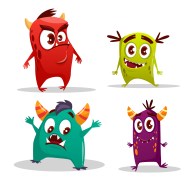 Vector cartoon cute cheerful monster set.